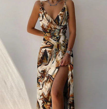 V-Neck Slit Sling Dress Summer Fashion Sexy Slim Suspender Dresses for Women Clothing