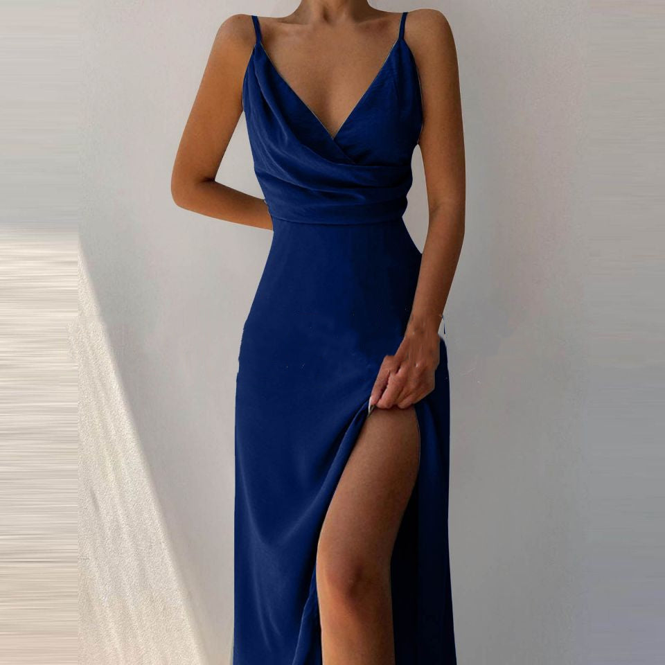 V-Neck Slit Sling Dress Summer Fashion Sexy Slim Suspender Dresses for Women Clothing