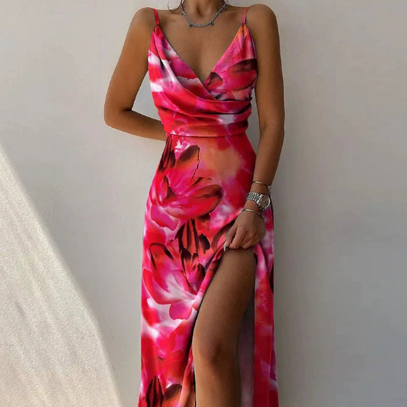 V-Neck Slit Sling Dress Summer Fashion Sexy Slim Suspender Dresses for Women Clothing